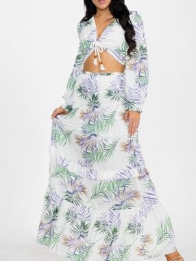 White Tropical Print Maxi Dress with Tie Front